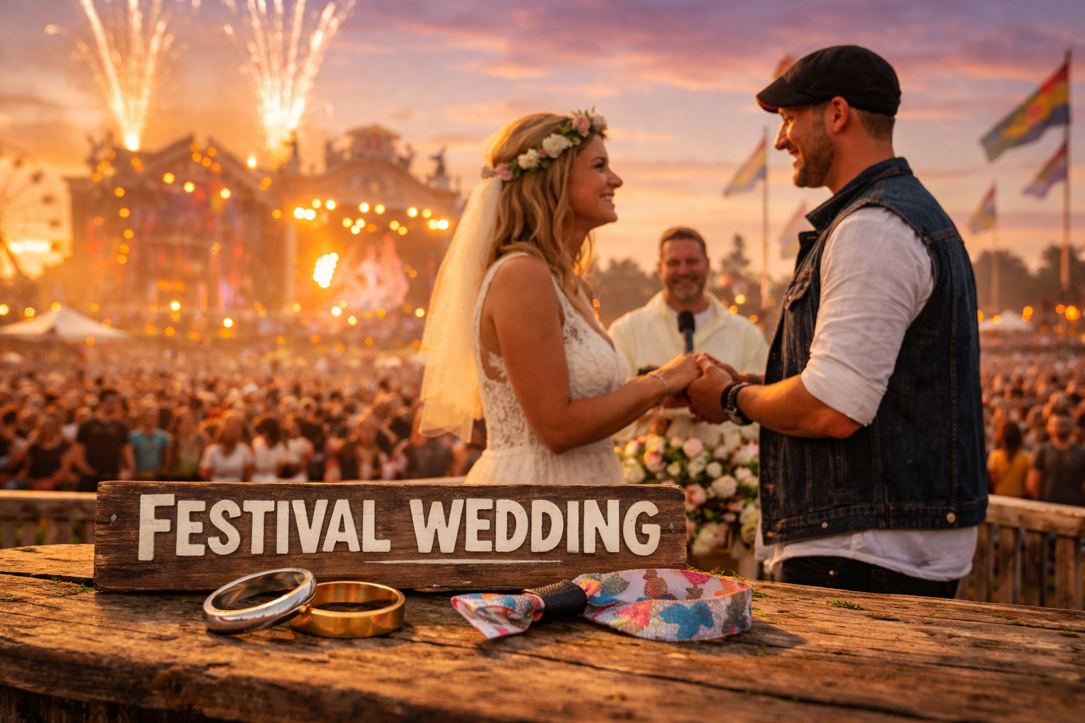 KI-erstellte Abbildung einer Hochzeit au feinem Festival. Vorne das Brautpaar und ein Priester. Im Vordergrund Eheringe und ein Festivalbändchen.