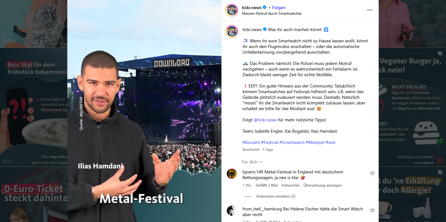Screenshot des Instagram-Accounts tickr.news des WDR mit dem Beitrag über Smartwatches und Festivals. Im Bild links Journalist Ilias Hamdani vor der Bühne des Download-Festivals, rechts die Kommentare zum Post.