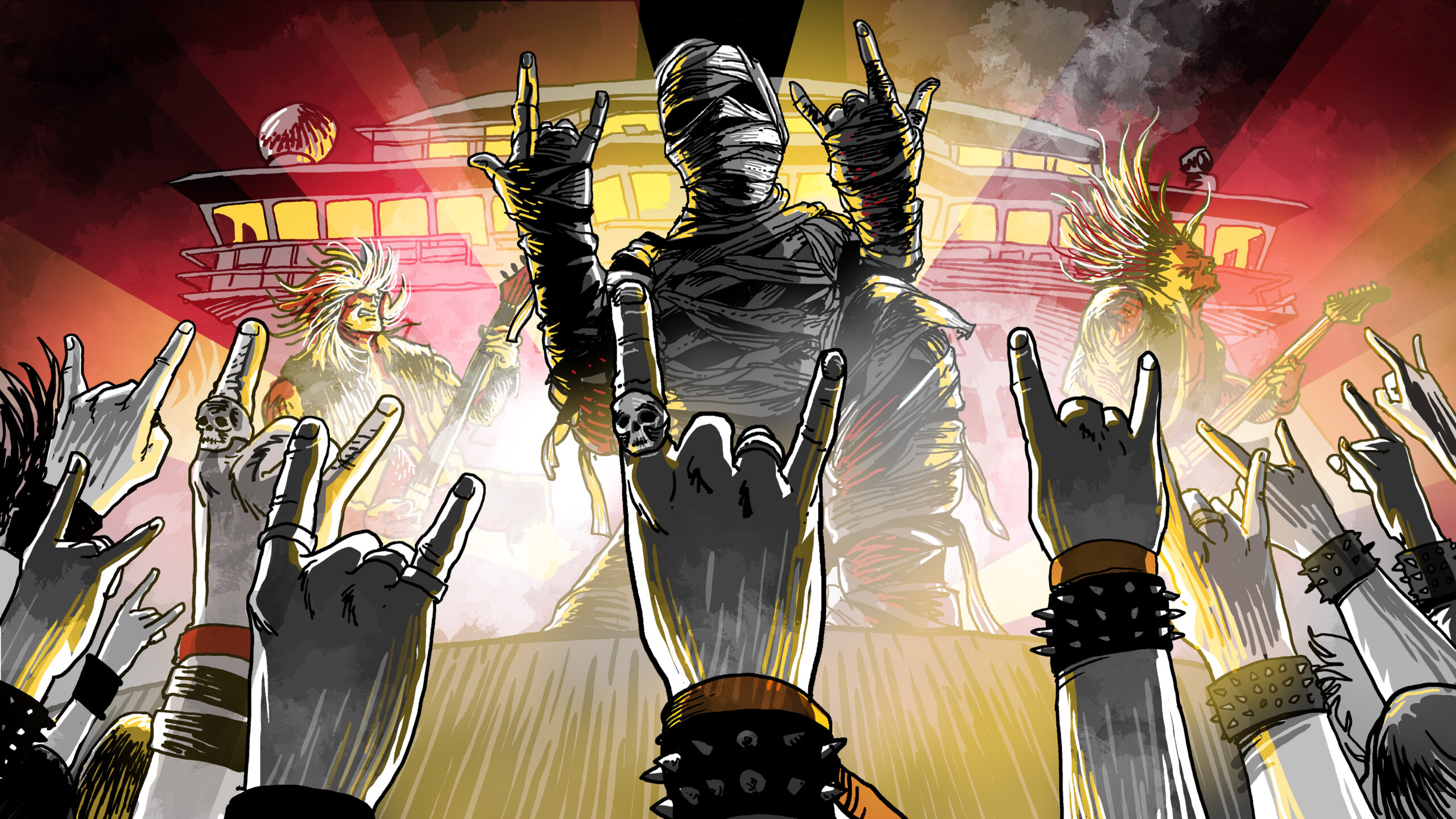 Zeichnung einer Mumie als Frontperson einer Metalband auf einer Festival-Kreuzfahrt, die dem Publikum die gehörten Hände entgegenstreckt, das die Geste wiederum erwidert.