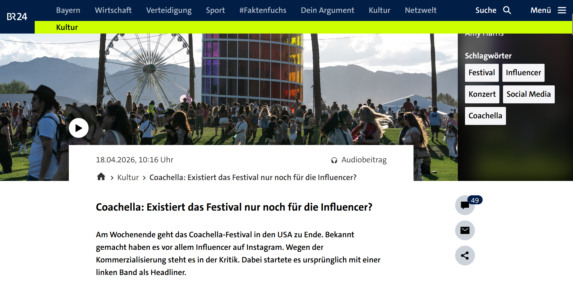Screenshot des BR-Beitrags zum Coachella